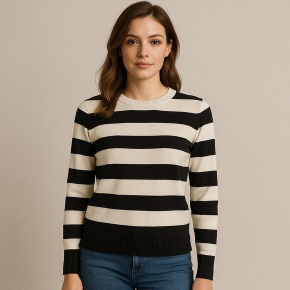 French Connection Striped Black White Women's Crew Neck Preppy Y2K Sweater- S - Picture 1 of 6